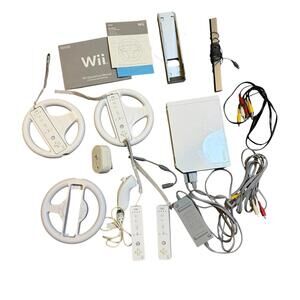 Nintendo Wii Console Bundle (RVL-001) GameCube Compatible 4 Remotes 3 Wheels